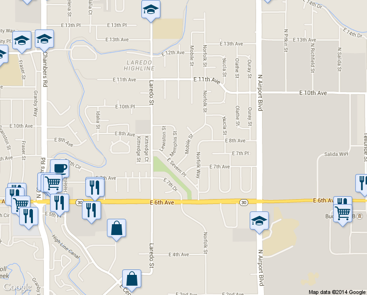 map of restaurants, bars, coffee shops, grocery stores, and more near 765 Mobile Street in Aurora