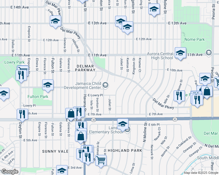 map of restaurants, bars, coffee shops, grocery stores, and more near 812 Jamaica Street in Aurora