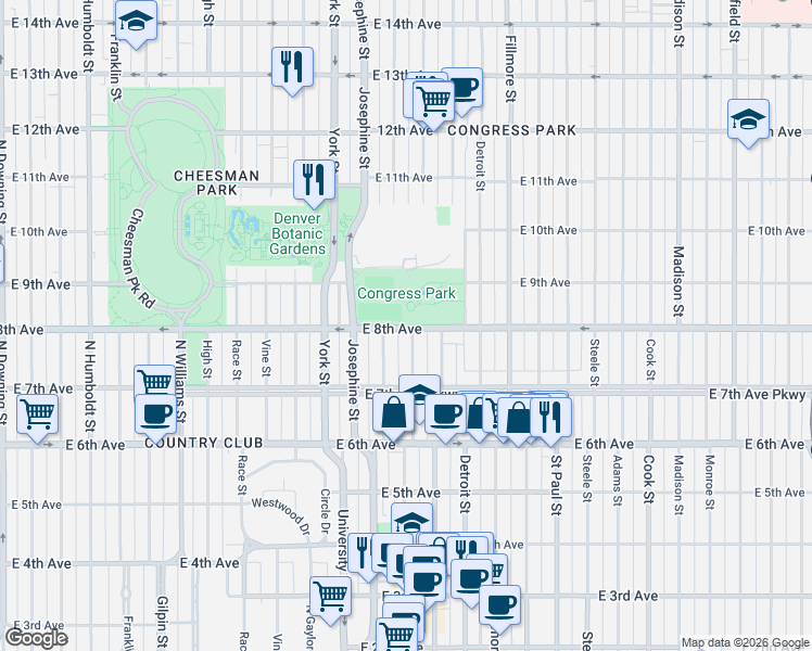 map of restaurants, bars, coffee shops, grocery stores, and more near 790 Elizabeth Street in Denver