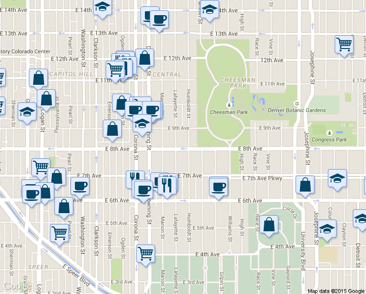 map of restaurants, bars, coffee shops, grocery stores, and more near 1426 East 8th Avenue in Denver