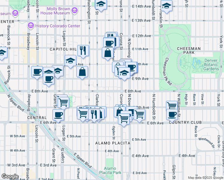 map of restaurants, bars, coffee shops, grocery stores, and more near 900 East 8th Avenue in Denver