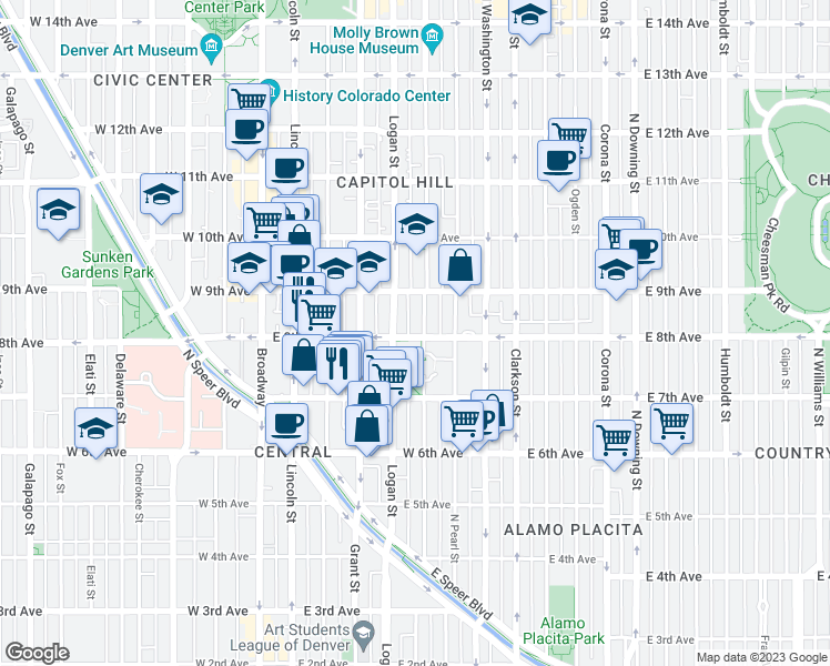 map of restaurants, bars, coffee shops, grocery stores, and more near 400 East 8th Avenue in Denver