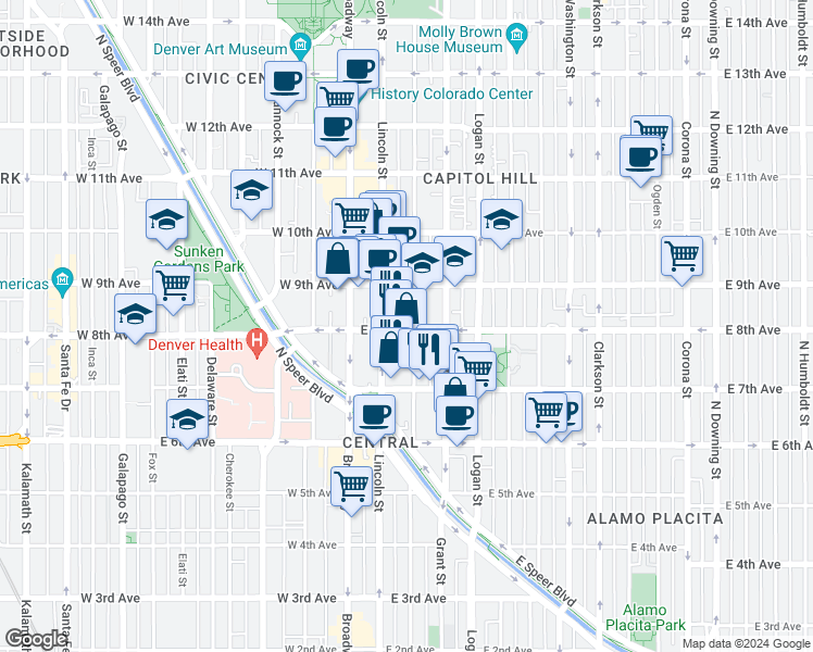 map of restaurants, bars, coffee shops, grocery stores, and more near 137 East 8th Avenue in Denver