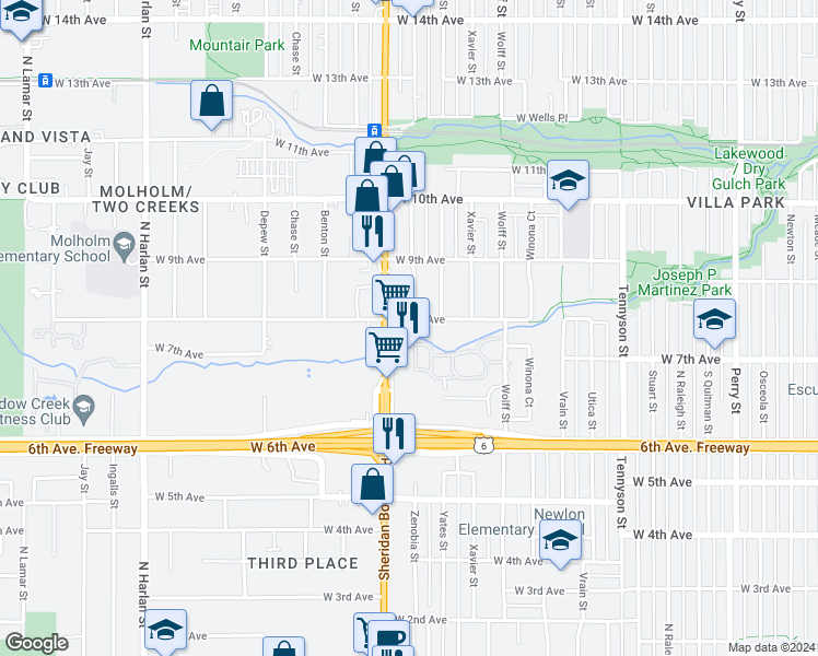map of restaurants, bars, coffee shops, grocery stores, and more near 5100 West 8th Avenue in Denver