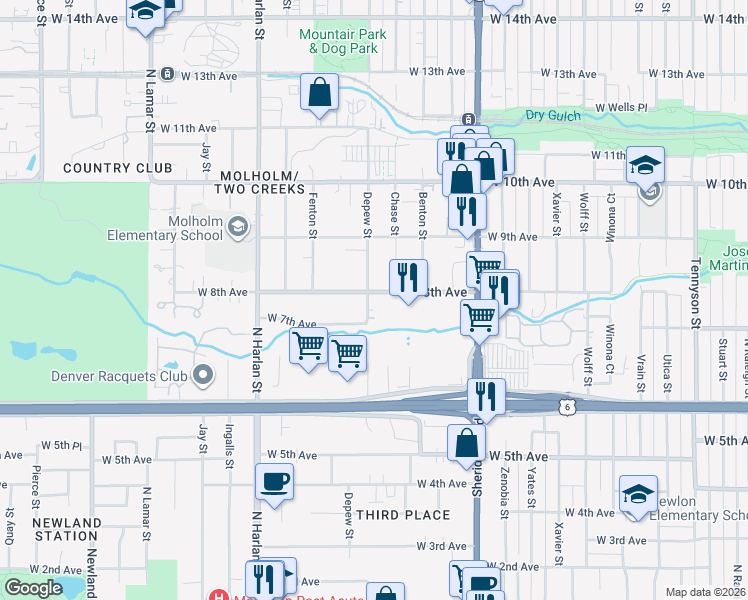 map of restaurants, bars, coffee shops, grocery stores, and more near 5456 West 8th Avenue in Lakewood