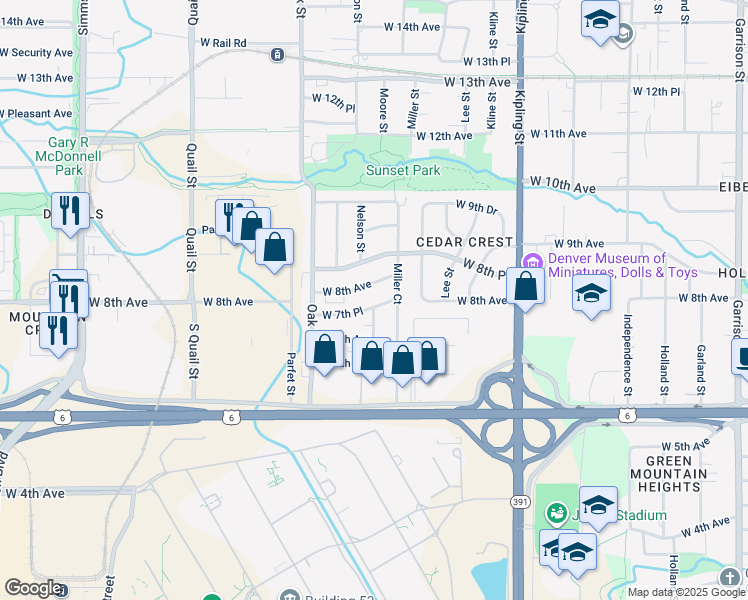 map of restaurants, bars, coffee shops, grocery stores, and more near 740 Moore Street in Lakewood