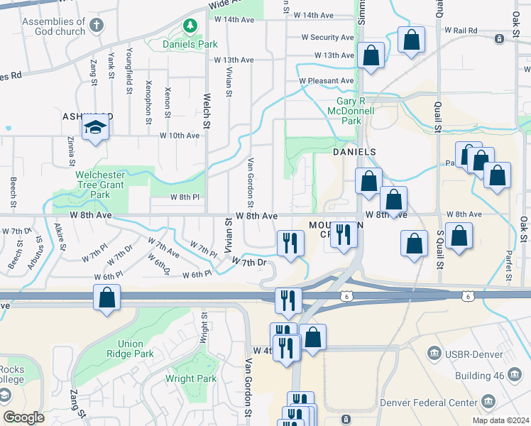 map of restaurants, bars, coffee shops, grocery stores, and more near 794 Urban Street in Golden