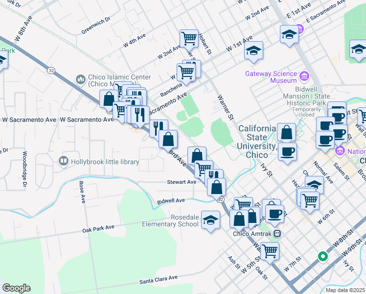 map of restaurants, bars, coffee shops, grocery stores, and more near 542 Nord Avenue in Chico