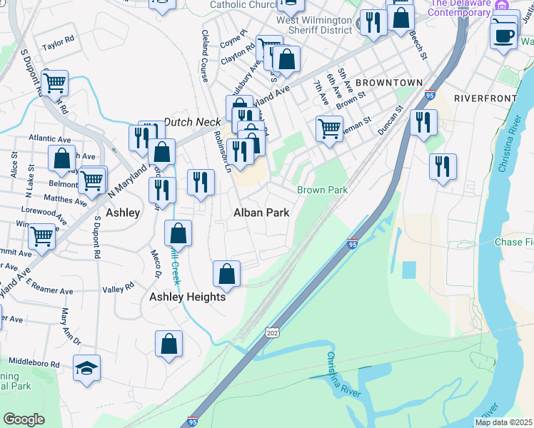 map of restaurants, bars, coffee shops, grocery stores, and more near 1628 Bonwood Road in Wilmington