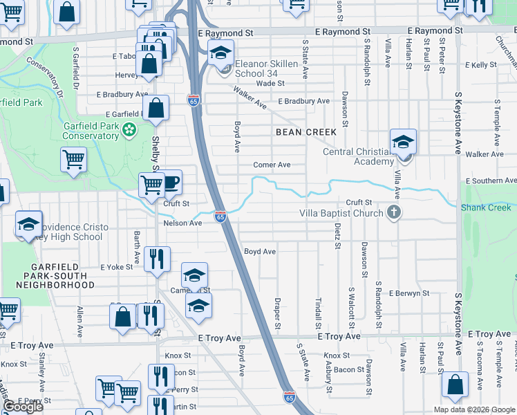 map of restaurants, bars, coffee shops, grocery stores, and more near 1544 Nelson Avenue in Indianapolis