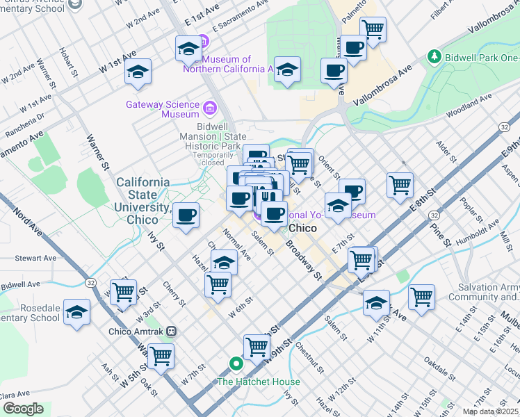 map of restaurants, bars, coffee shops, grocery stores, and more near 245 Broadway Street in Chico