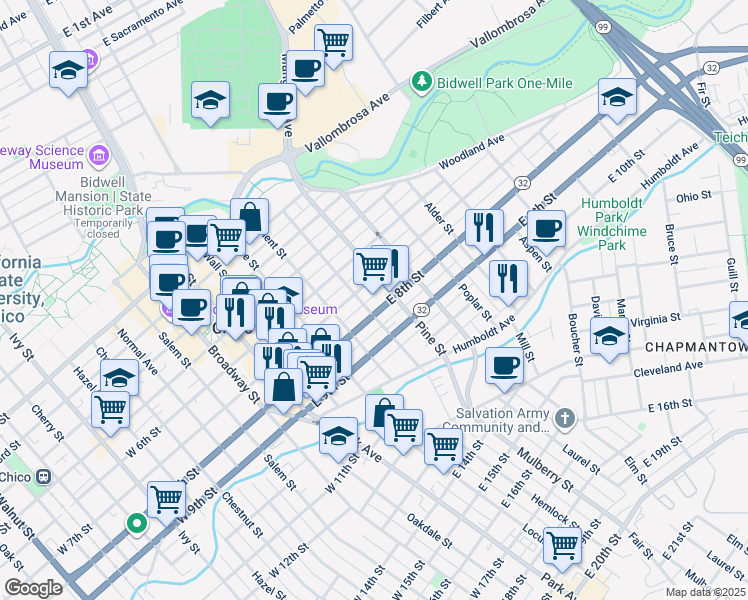 map of restaurants, bars, coffee shops, grocery stores, and more near 598 East 8th Street in Chico