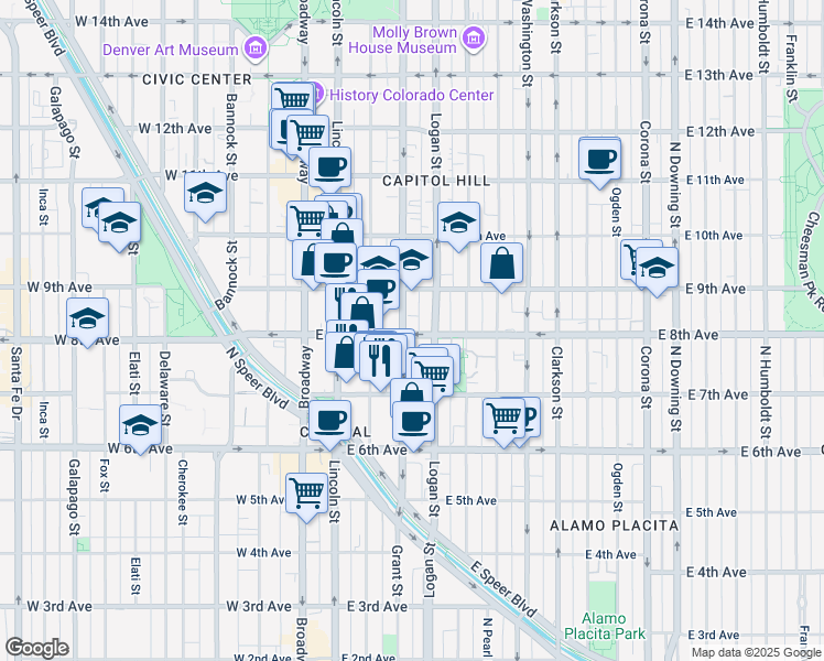 map of restaurants, bars, coffee shops, grocery stores, and more near in Denver