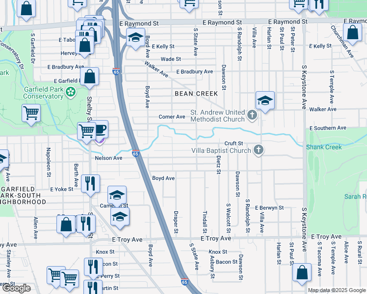 map of restaurants, bars, coffee shops, grocery stores, and more near 1629 Cruft Street in Indianapolis