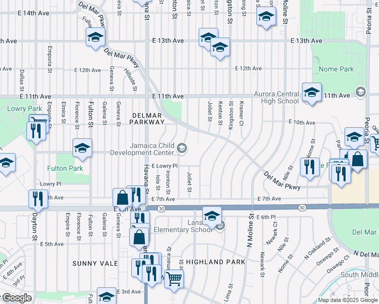 map of restaurants, bars, coffee shops, grocery stores, and more near 800 Jamaica Street in Aurora