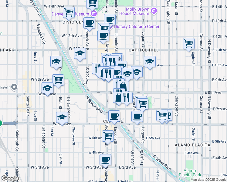 map of restaurants, bars, coffee shops, grocery stores, and more near 29 East 8th Avenue in Denver