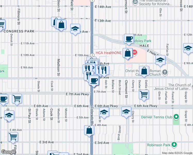 map of restaurants, bars, coffee shops, grocery stores, and more near East 8th Avenue in Denver