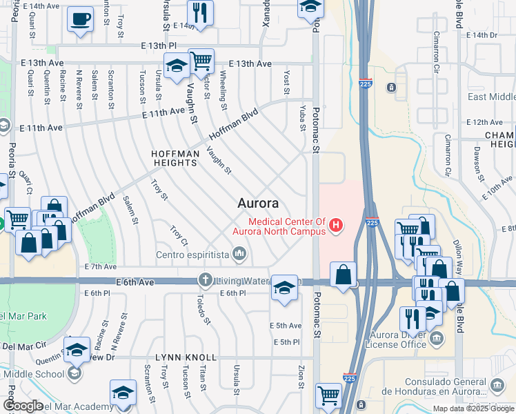 map of restaurants, bars, coffee shops, grocery stores, and more near in Aurora