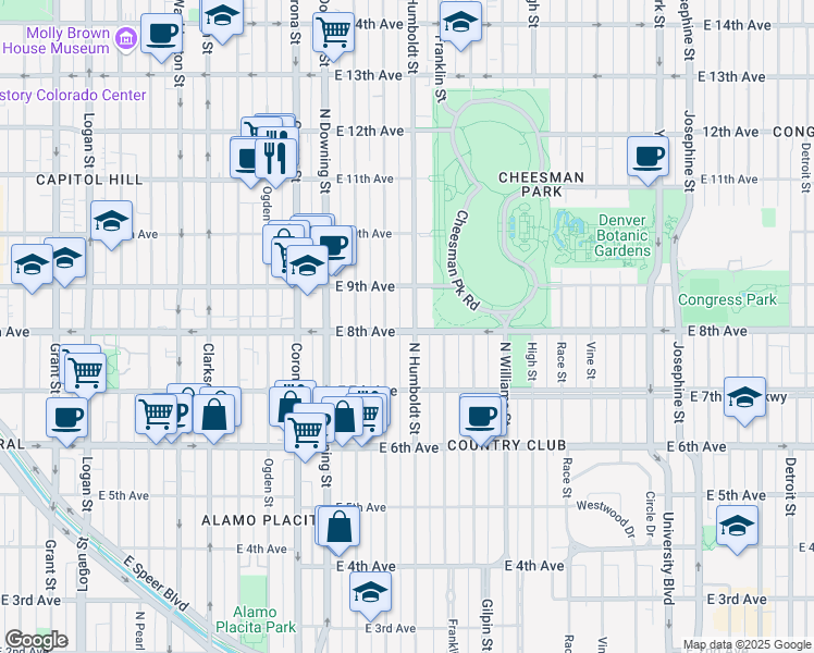 map of restaurants, bars, coffee shops, grocery stores, and more near 801 Humboldt Street in Denver