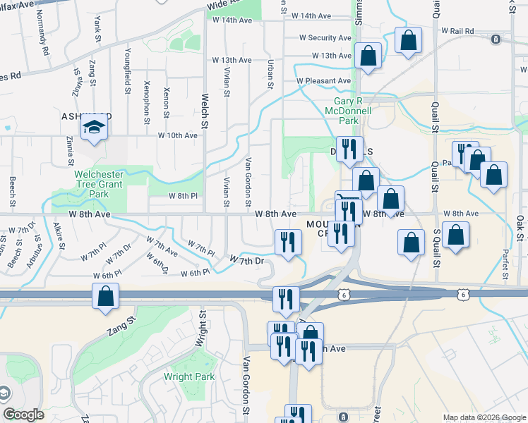 map of restaurants, bars, coffee shops, grocery stores, and more near 794 Urban Street in Golden