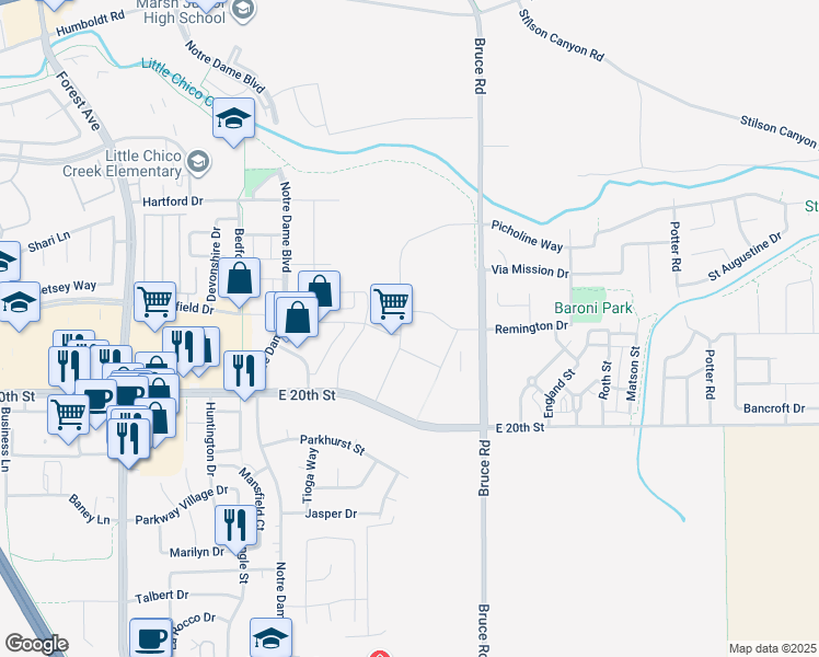map of restaurants, bars, coffee shops, grocery stores, and more near 1775 Concord Avenue in Chico