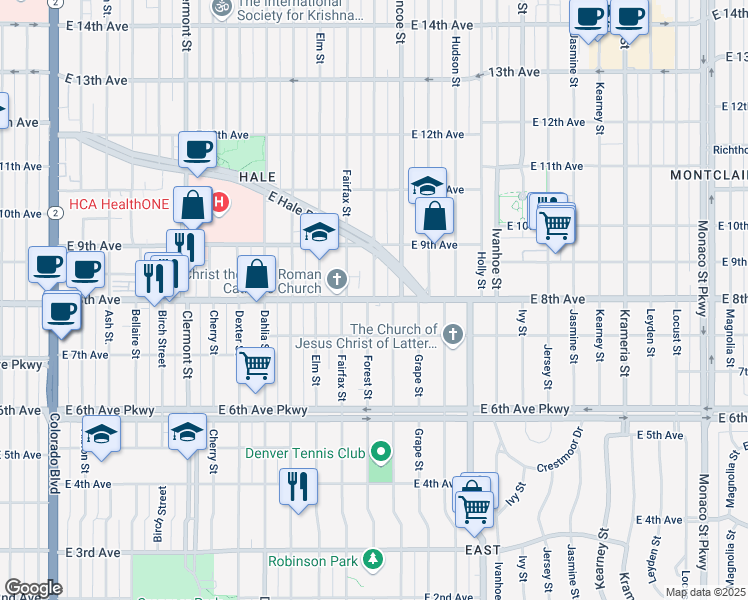 map of restaurants, bars, coffee shops, grocery stores, and more near East 8th Avenue & Forest Street in Denver