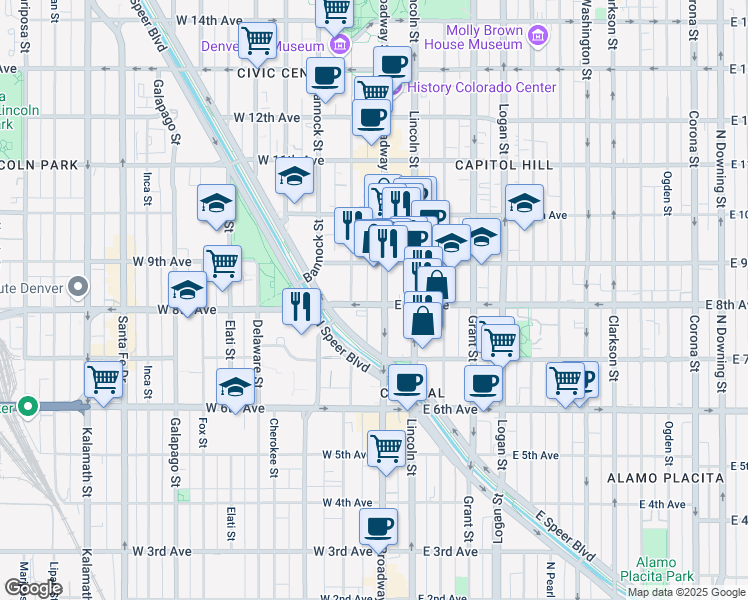 map of restaurants, bars, coffee shops, grocery stores, and more near 2 West 8th Avenue in Denver