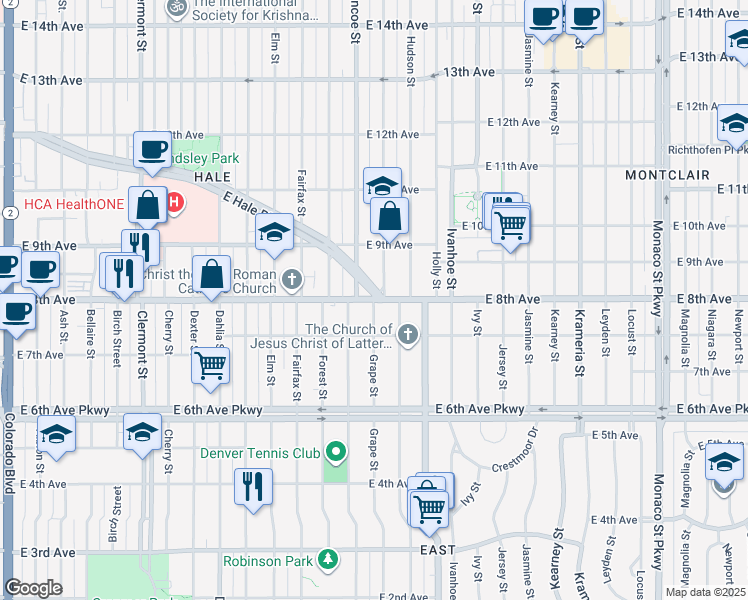 map of restaurants, bars, coffee shops, grocery stores, and more near East 8th Avenue in Denver