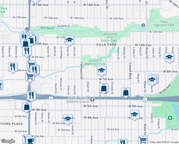 map of restaurants, bars, coffee shops, grocery stores, and more near 735 Raleigh Street in Denver