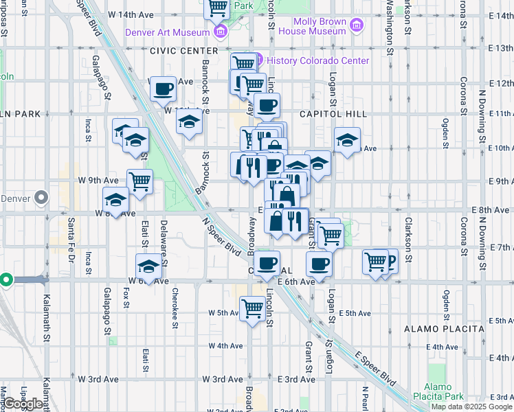 map of restaurants, bars, coffee shops, grocery stores, and more near 800 North Broadway in Denver
