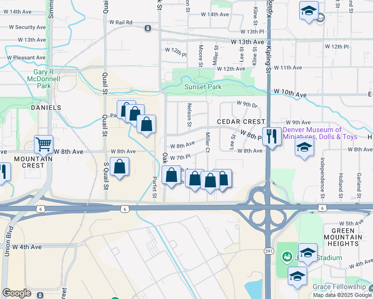 map of restaurants, bars, coffee shops, grocery stores, and more near 10620 West 8th Avenue in Lakewood