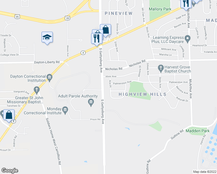 map of restaurants, bars, coffee shops, grocery stores, and more near 1709 Ace Place in Dayton
