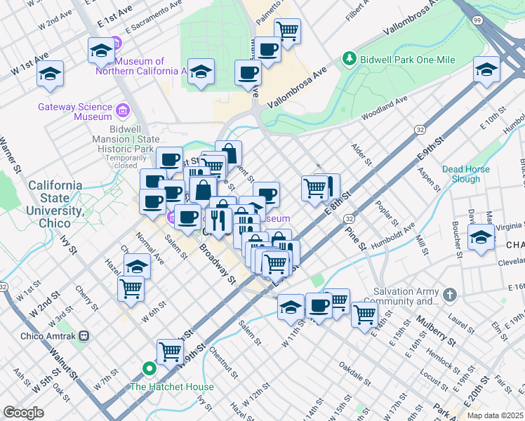 map of restaurants, bars, coffee shops, grocery stores, and more near 608 Orient Street in Chico