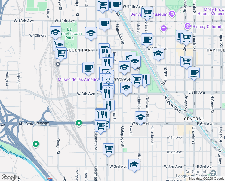 map of restaurants, bars, coffee shops, grocery stores, and more near 815 Inca Street in Denver