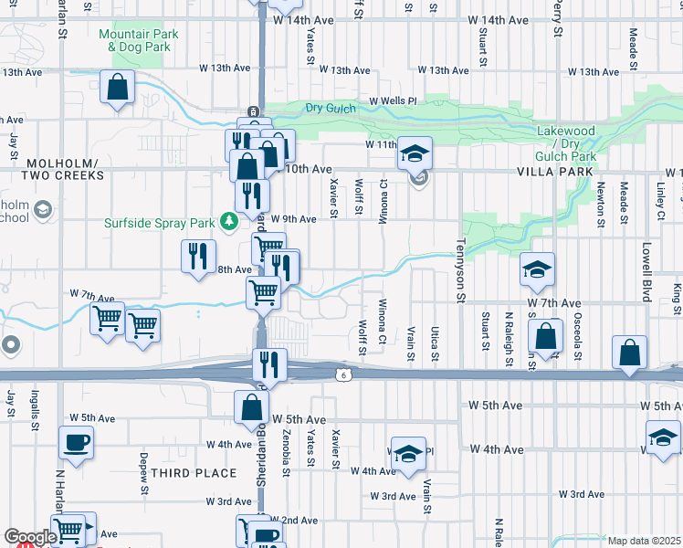 map of restaurants, bars, coffee shops, grocery stores, and more near 4812 West 8th Avenue in Denver