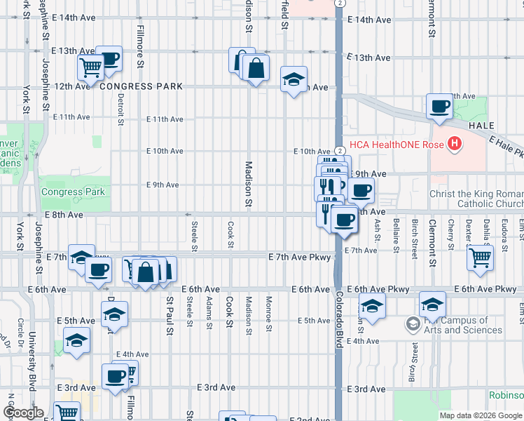 map of restaurants, bars, coffee shops, grocery stores, and more near 790 Madison Street in Denver