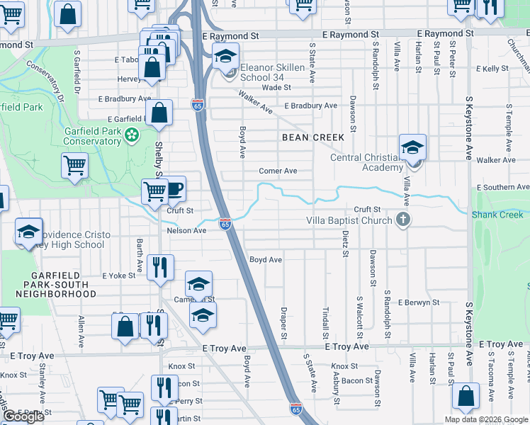 map of restaurants, bars, coffee shops, grocery stores, and more near 1531 Cruft Street in Indianapolis