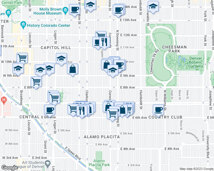 map of restaurants, bars, coffee shops, grocery stores, and more near 787 Corona Street in Denver