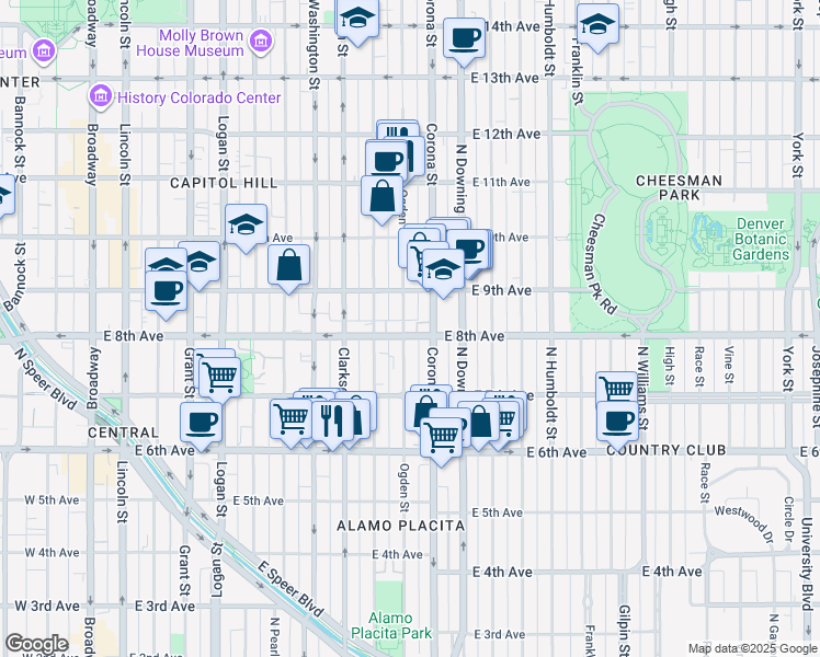 map of restaurants, bars, coffee shops, grocery stores, and more near 787 Corona Street in Denver