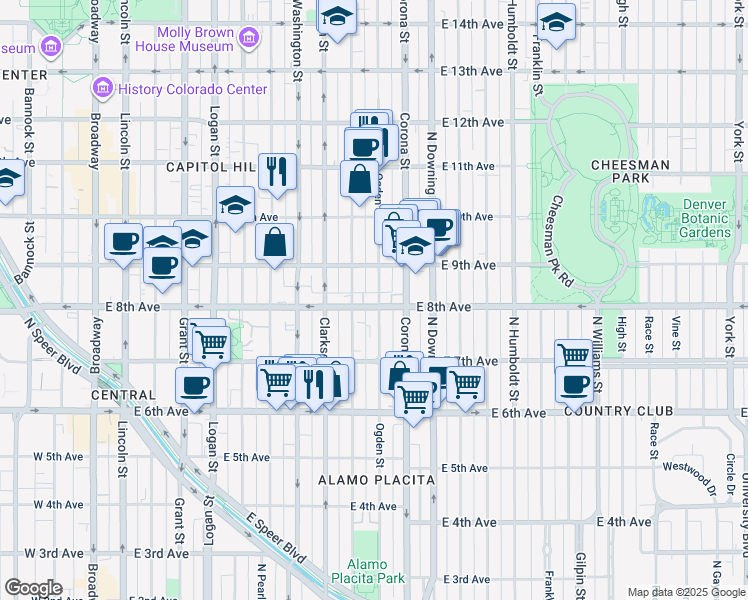 map of restaurants, bars, coffee shops, grocery stores, and more near 900 East 8th Avenue in Denver