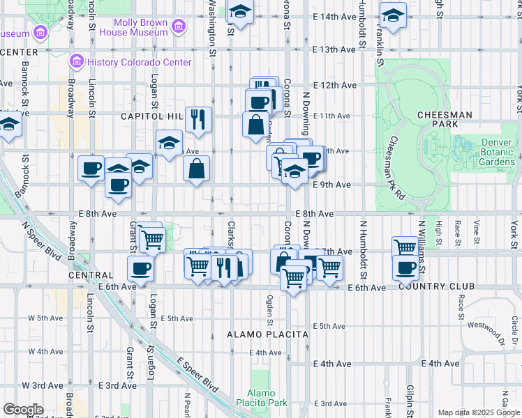 map of restaurants, bars, coffee shops, grocery stores, and more near 900 East 8th Avenue in Denver