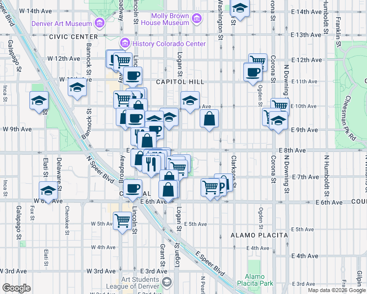 map of restaurants, bars, coffee shops, grocery stores, and more near 400 East 8th Avenue in Denver