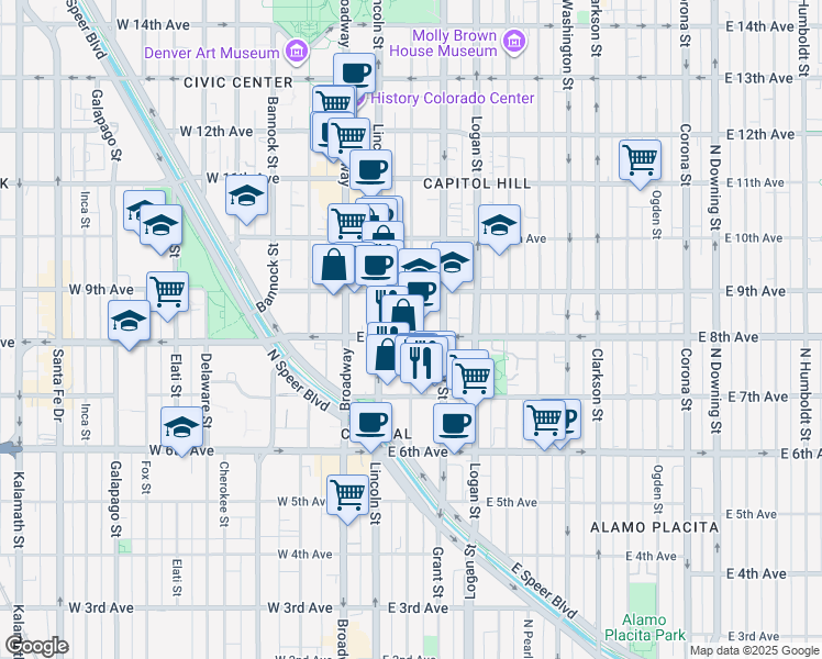 map of restaurants, bars, coffee shops, grocery stores, and more near 137 East 8th Avenue in Denver