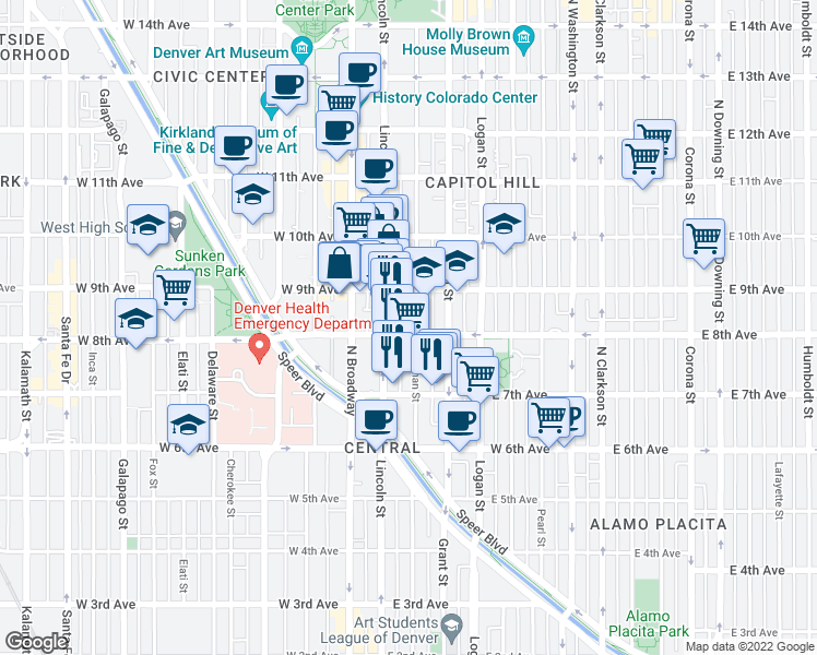 map of restaurants, bars, coffee shops, grocery stores, and more near 137 East 8th Avenue in Denver