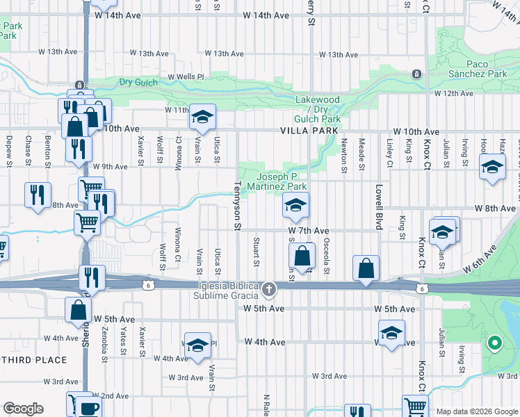 map of restaurants, bars, coffee shops, grocery stores, and more near 735 Raleigh Street in Denver