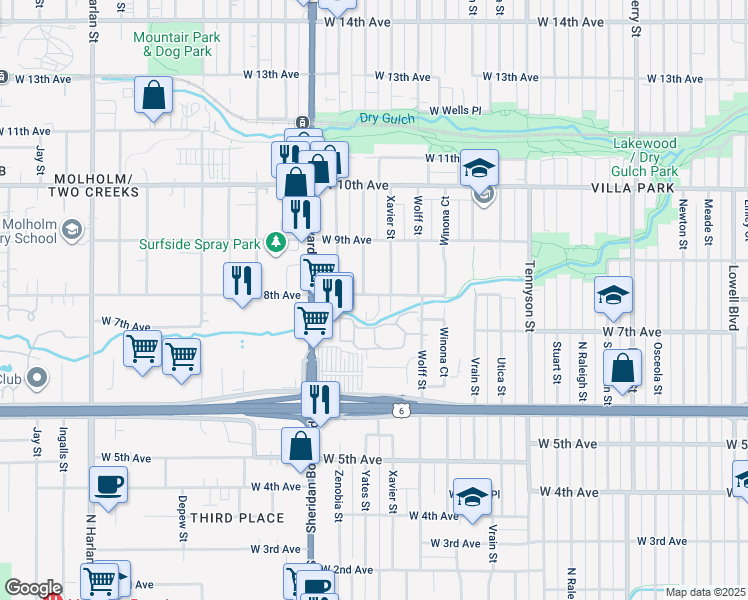 map of restaurants, bars, coffee shops, grocery stores, and more near 4966 West 8th Avenue in Denver