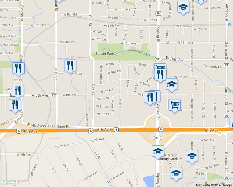 map of restaurants, bars, coffee shops, grocery stores, and more near 740 Moore Street in Lakewood