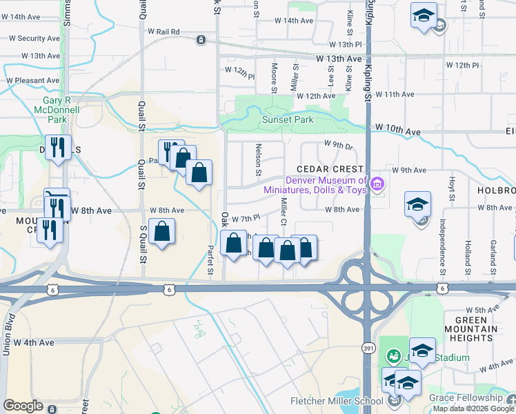 map of restaurants, bars, coffee shops, grocery stores, and more near 10645 West 7th Place in Lakewood