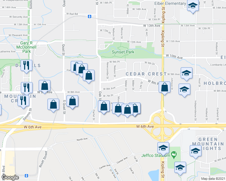 map of restaurants, bars, coffee shops, grocery stores, and more near 10645 West 7th Place in Lakewood