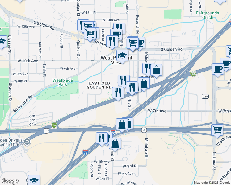 map of restaurants, bars, coffee shops, grocery stores, and more near 15801 West Colfax Avenue in Golden